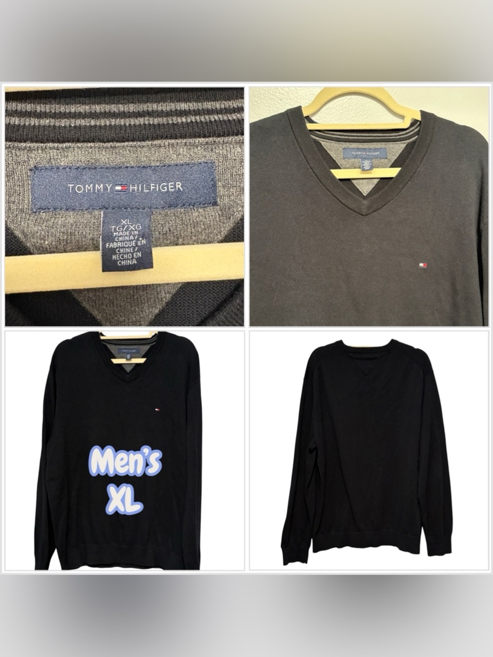 Men's Tommy Hilfiger XL 46 - 48 V-Neck Knit Sweater Black Pullover Lightweight
